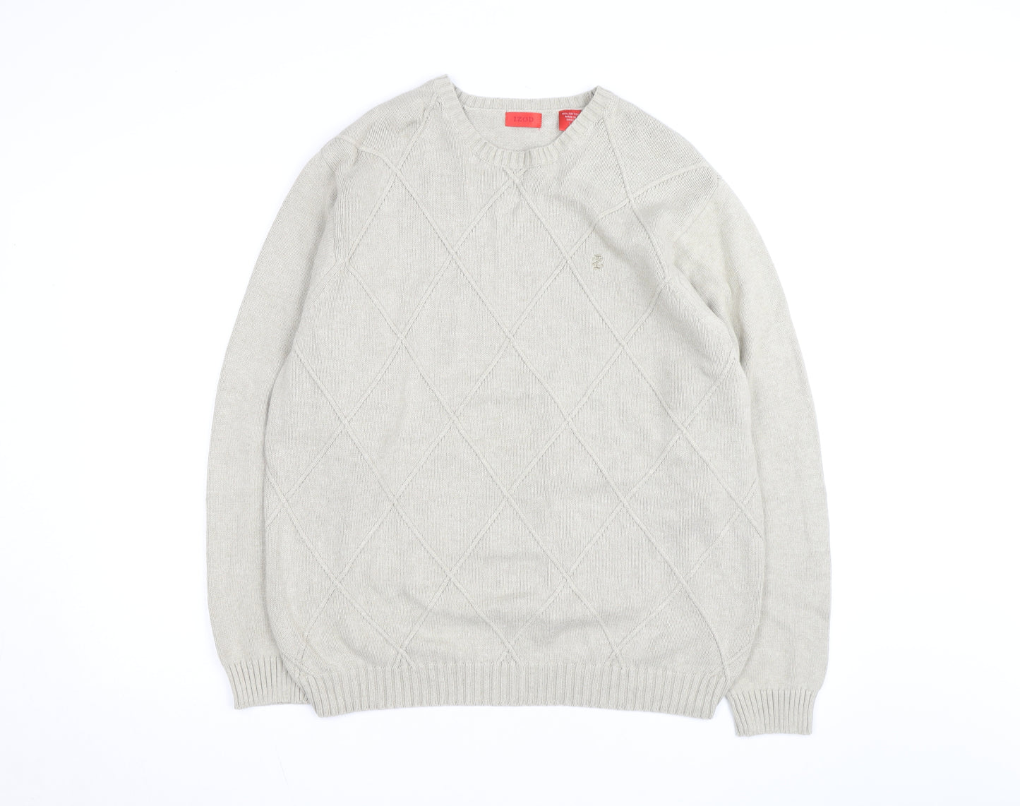 Izod Men's Beige Cotton Argyle Crew Neck Jumper Size L