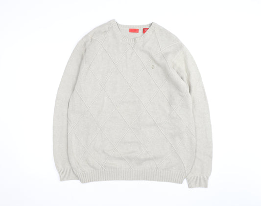 Izod Men's Beige Cotton Argyle Crew Neck Jumper Size L
