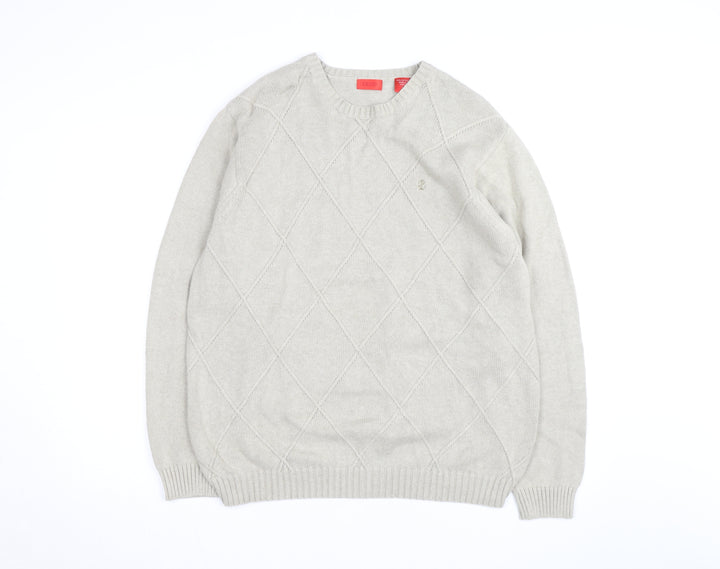 Izod Men's Beige Cotton Argyle Crew Neck Jumper Size L