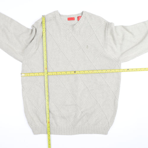 Izod Men's Beige Cotton Argyle Crew Neck Jumper Size L