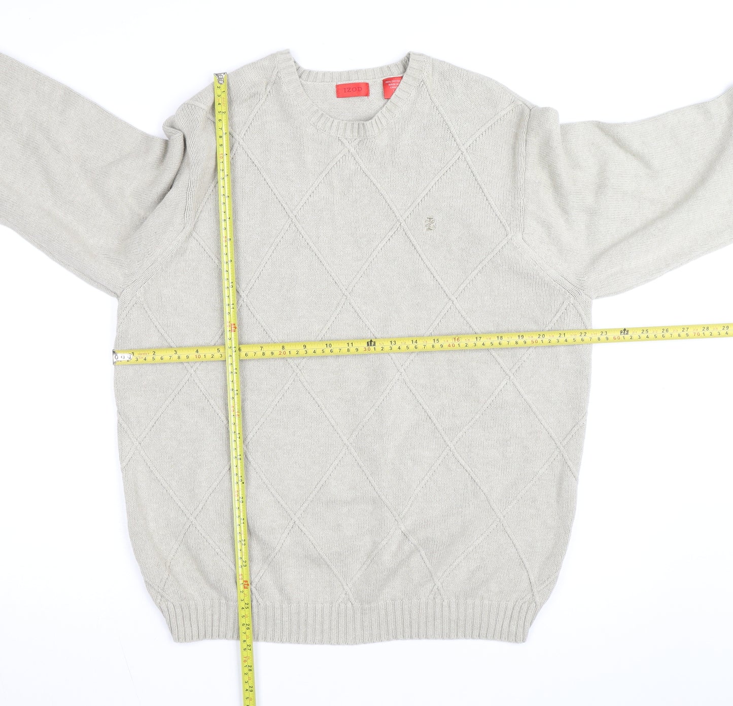 Izod Men's Beige Cotton Argyle Crew Neck Jumper Size L