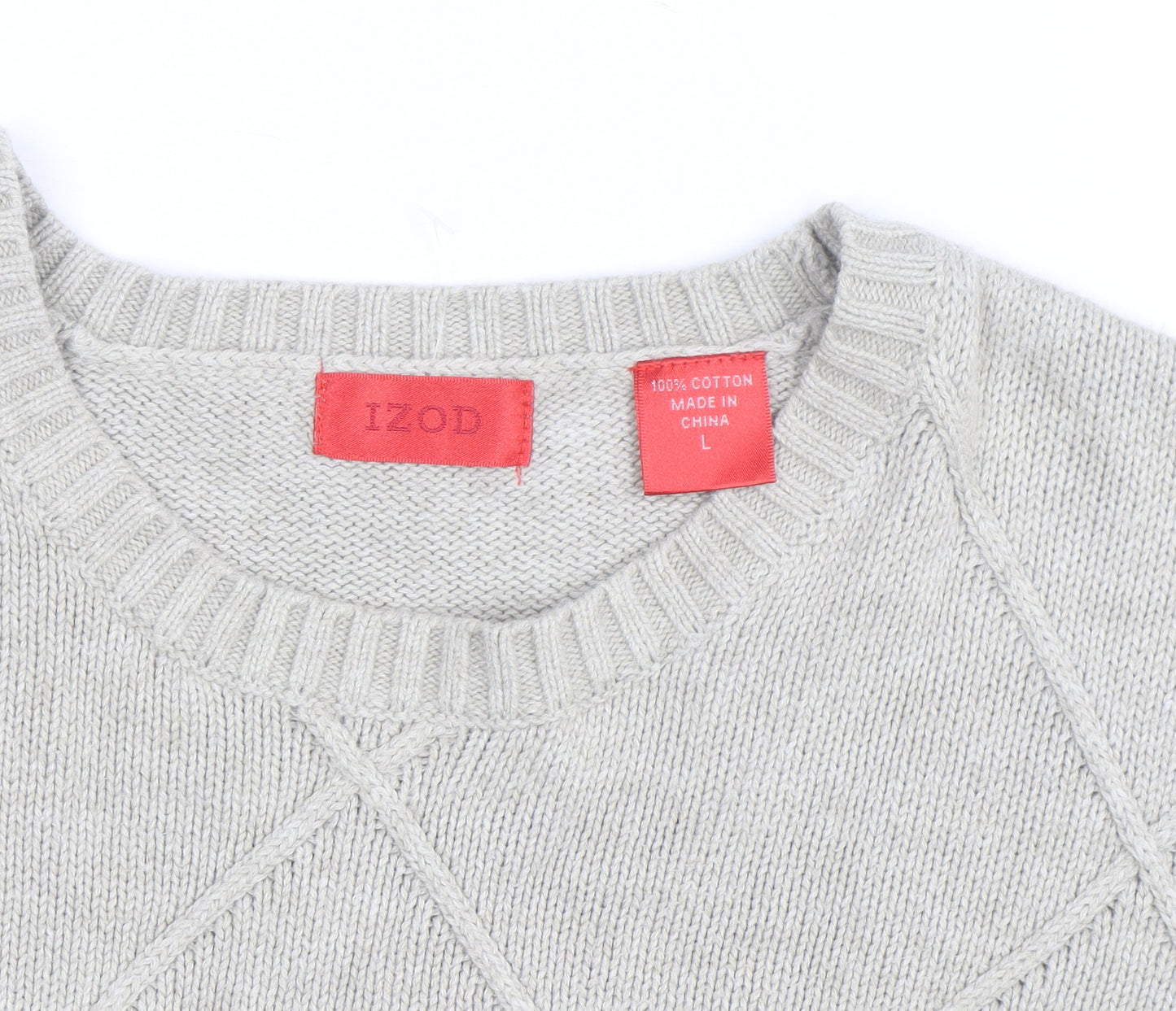 Izod Men's Beige Cotton Argyle Crew Neck Jumper Size L