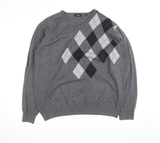 Van Heusen Men's Grey Argyle V-Neck Cotton Jumper XL