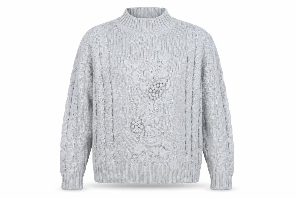 CHINAWEAR Men’s Grey Cable-Knit Acrylic Jumper M High Neck