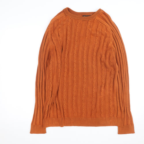 Fusion Men's Orange Cotton Cable Knit Jumper Size L Crew Neck