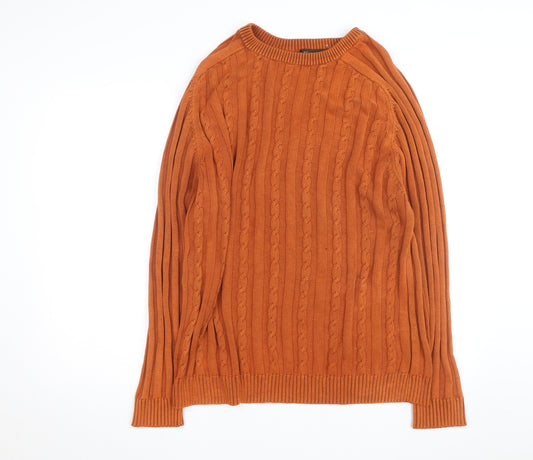 Fusion Men's Orange Cotton Cable Knit Jumper Size L Crew Neck