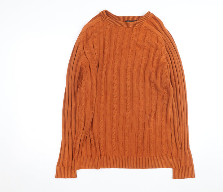 Fusion Men's Orange Cotton Cable Knit Jumper Size L Crew Neck