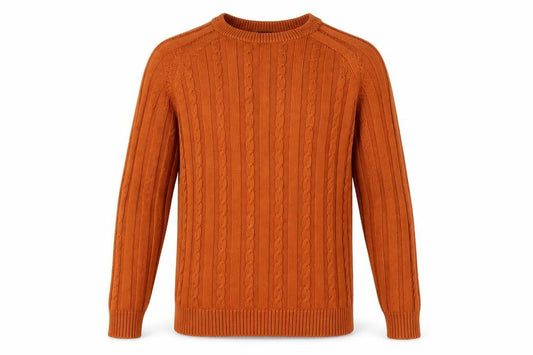 Front view of Fusion Men's Orange Cotton Cable Knit Jumper, size L, Crew Neck