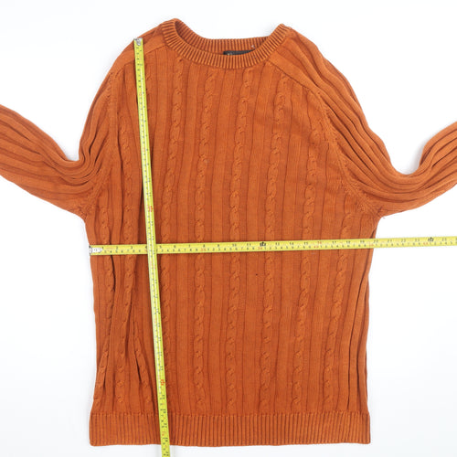 Fusion Men's Orange Cotton Cable Knit Jumper Size L Crew Neck