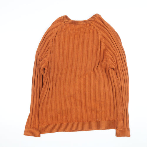 Fusion Men's Orange Cotton Cable Knit Jumper Size L Crew Neck