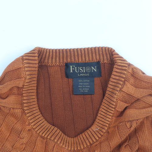Fusion Men's Orange Cotton Cable Knit Jumper Size L Crew Neck