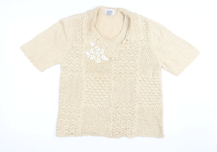 Teddi Women’s Beige Crochet Collared Short Sleeve Cardigan L