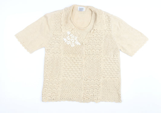 Teddi Women’s Beige Crochet Collared Short Sleeve Cardigan L