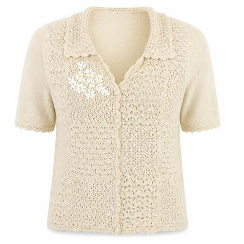 Teddi Women’s Beige Crochet Collared Short Sleeve Cardigan L