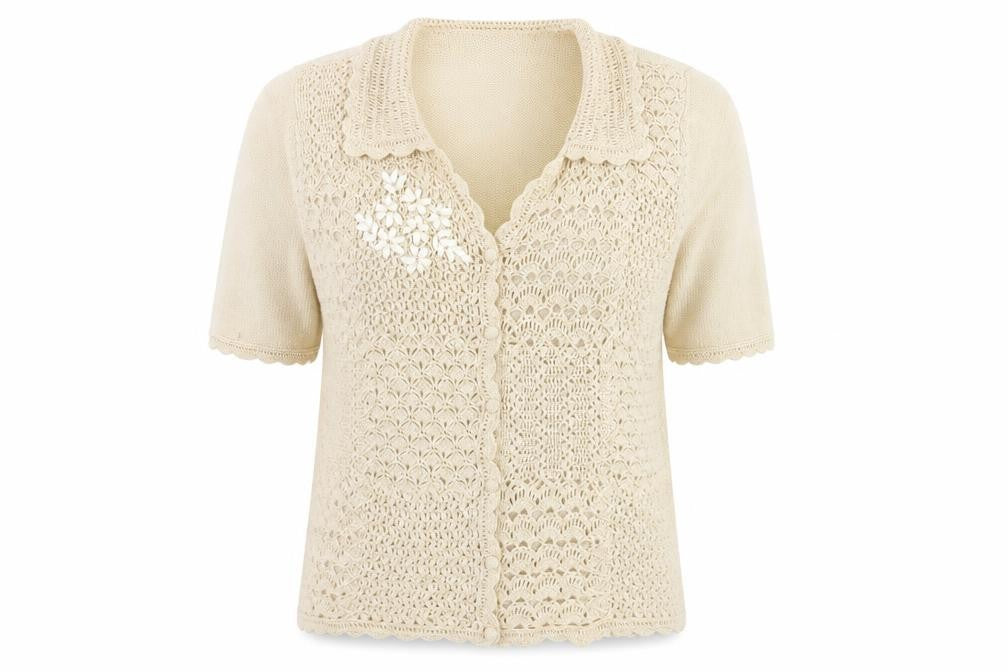 Teddi Women’s Beige Crochet Collared Short Sleeve Cardigan L