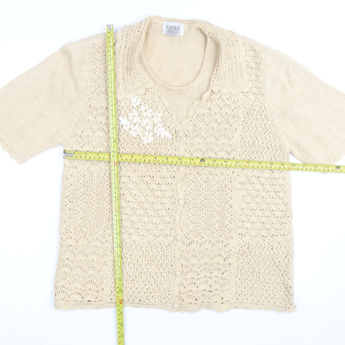 Teddi Women’s Beige Crochet Collared Short Sleeve Cardigan L