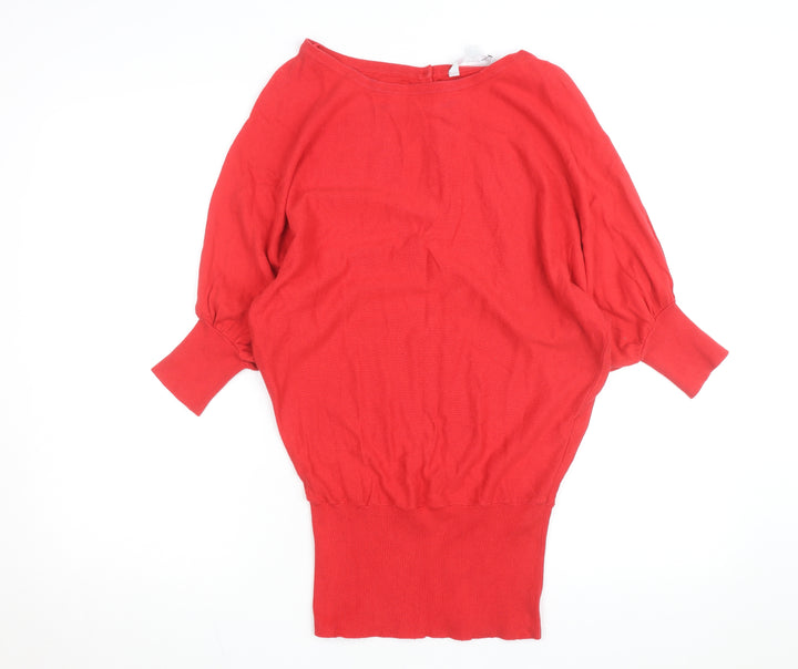 Feather & Bone Women's Red Boat Neck Batwing Cotton Jumper L