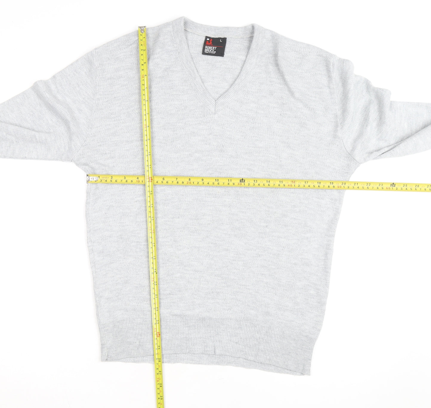 Robert Bruce Men’s Grey Wool V-Neck Long Sleeve Jumper L