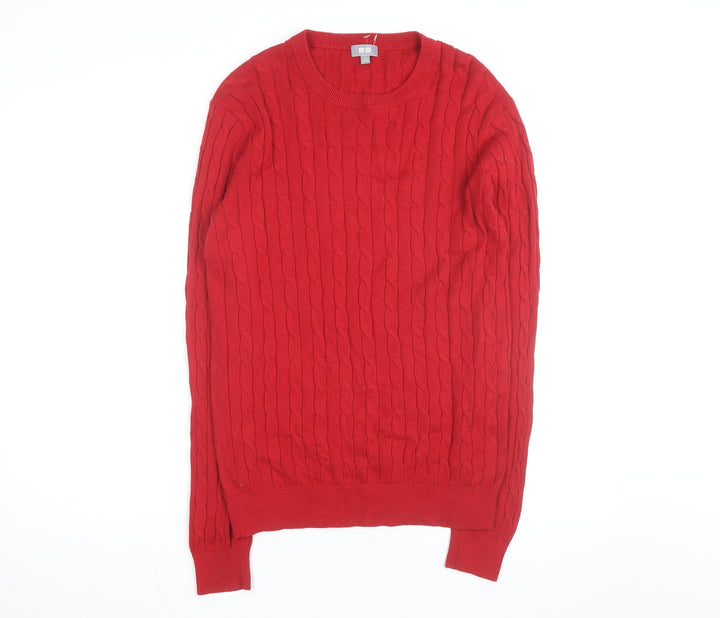 Uniqlo Men's Red Wool Cable-Knit Crew Neck Jumper Size M
