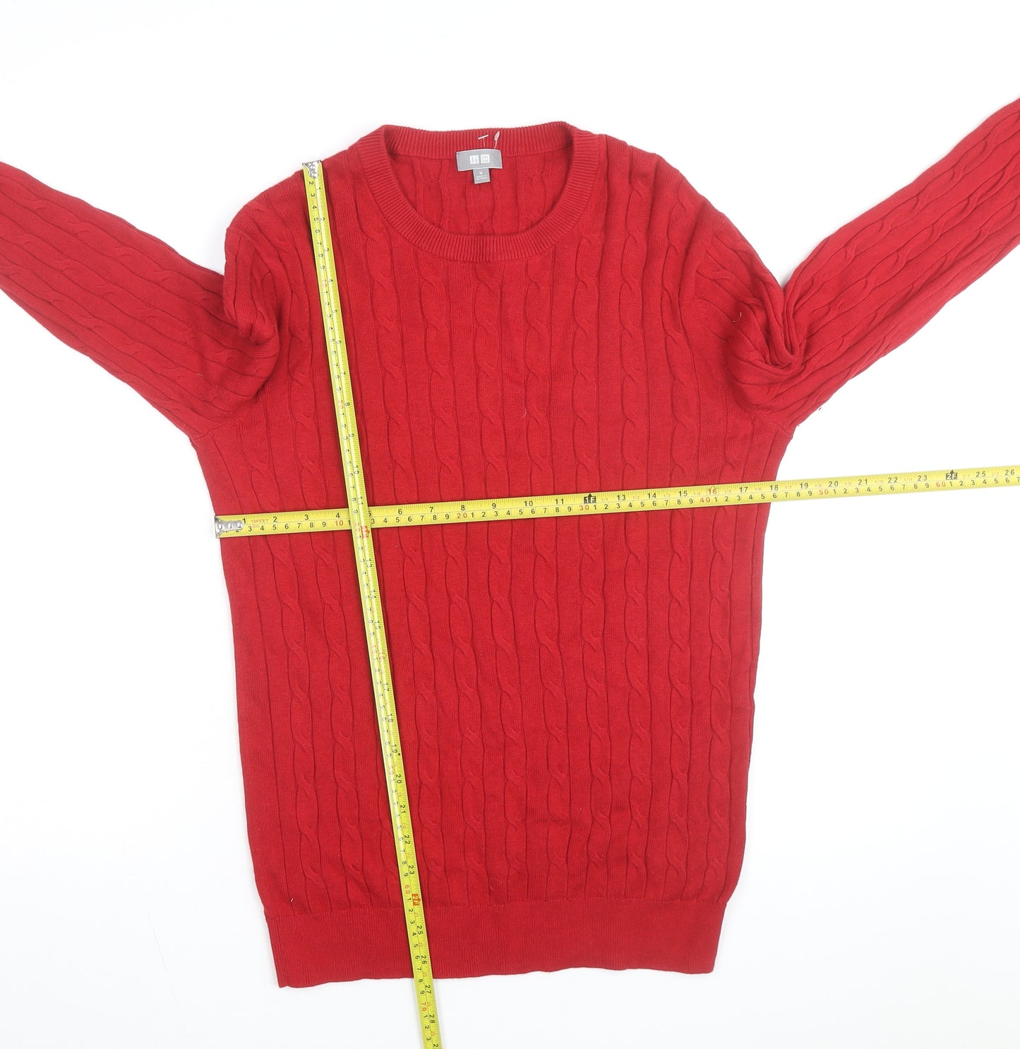 Uniqlo Men's Red Wool Cable-Knit Crew Neck Jumper Size M