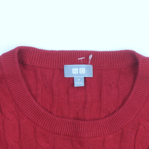 Uniqlo Men's Red Wool Cable-Knit Crew Neck Jumper Size M