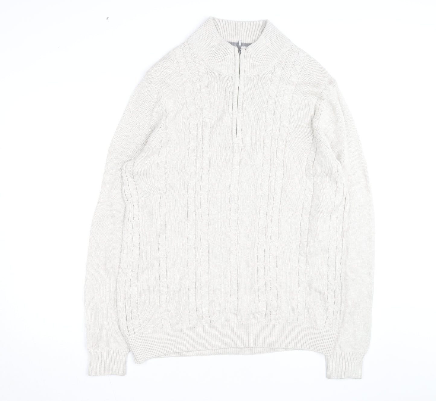 Van Heusen Men Beige Cable-Knit 1/4 Zip Jumper L