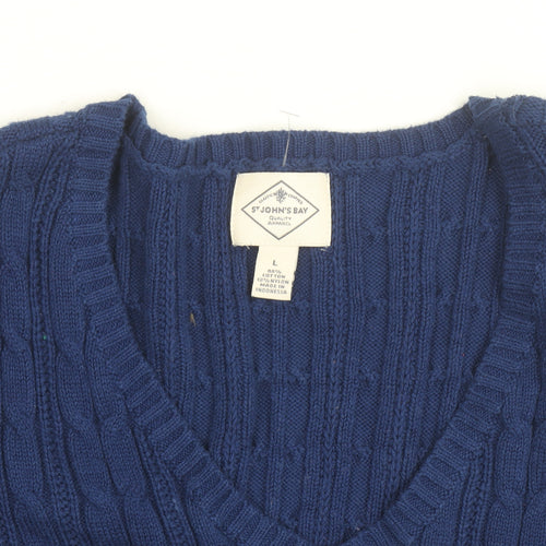 St John’s Bay Men’s Blue Cable-Knit V-Neck Cotton Jumper L
