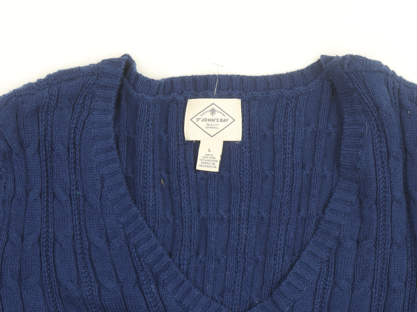St John’s Bay Men’s Blue Cable-Knit V-Neck Cotton Jumper L