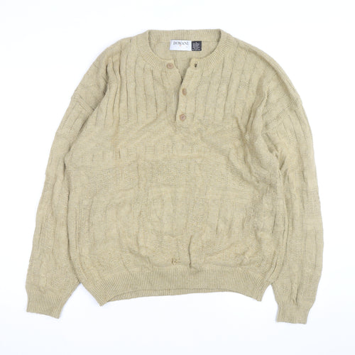 Domani Men Beige Henley Knit Jumper L Cable-Knit Acrylic Cotton Linen