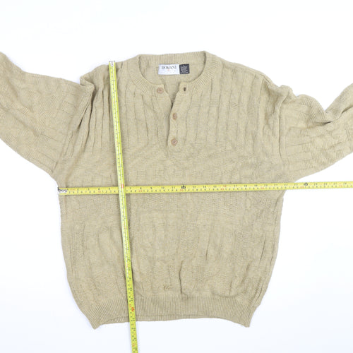 Domani Men Beige Henley Knit Jumper L Cable-Knit Acrylic Cotton Linen