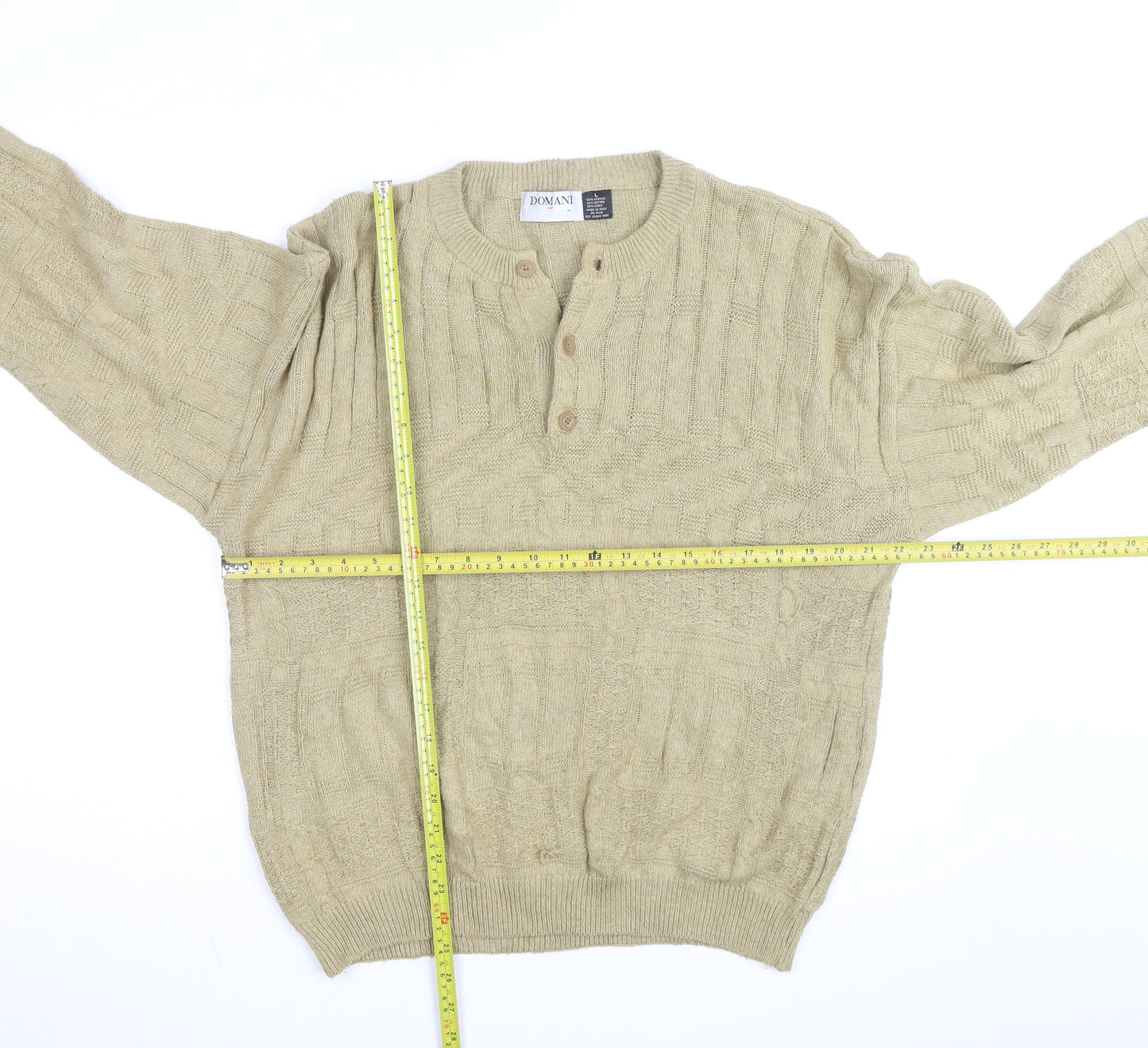 Domani Men Beige Henley Knit Jumper L Cable-Knit Acrylic Cotton Linen