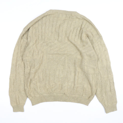 Domani Men Beige Henley Knit Jumper L Cable-Knit Acrylic Cotton Linen