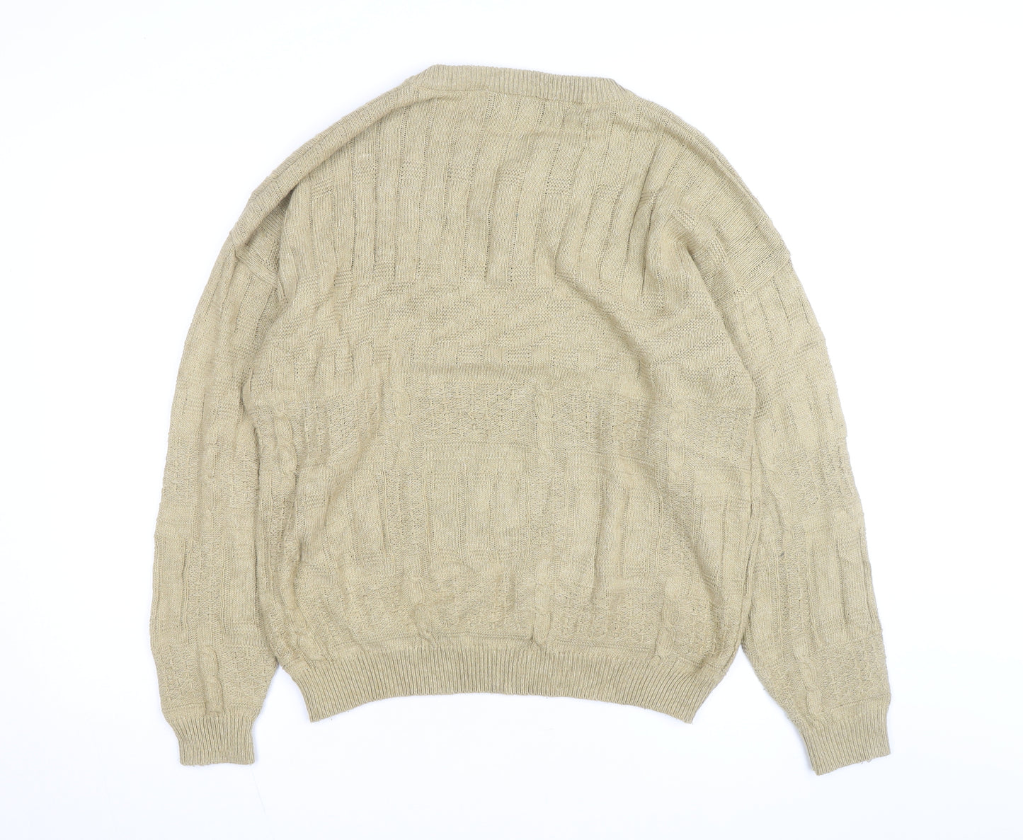 Domani Men Beige Henley Knit Jumper L Cable-Knit Acrylic Cotton Linen