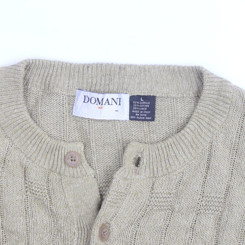 Domani Men Beige Henley Knit Jumper L Cable-Knit Acrylic Cotton Linen