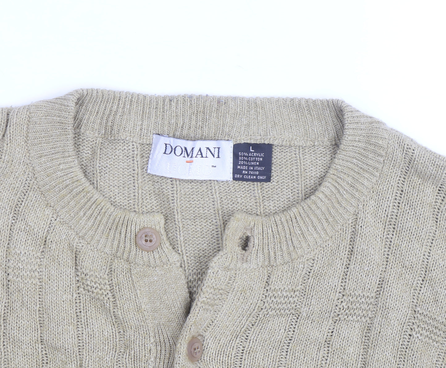 Domani Men Beige Henley Knit Jumper L Cable-Knit Acrylic Cotton Linen