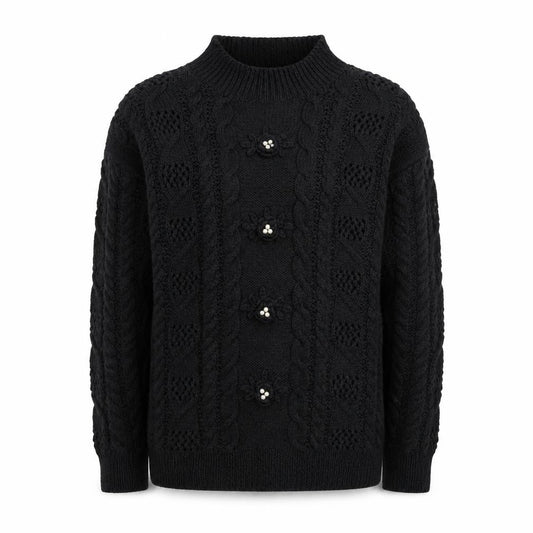 Front view of CLTO Handcrafted Men's Black Wool Cotton Cable Knit Cardigan M