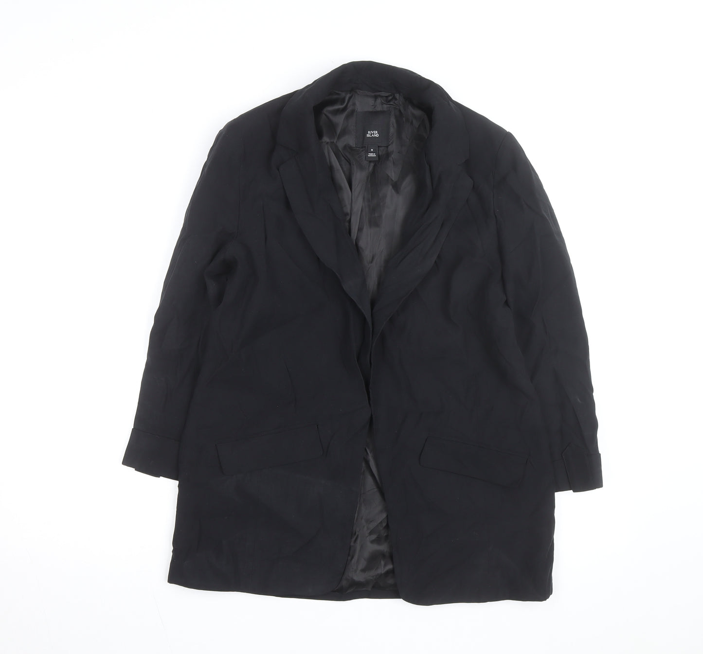 River Island Women’s Black Long Overcoat Size 8 Classic Style