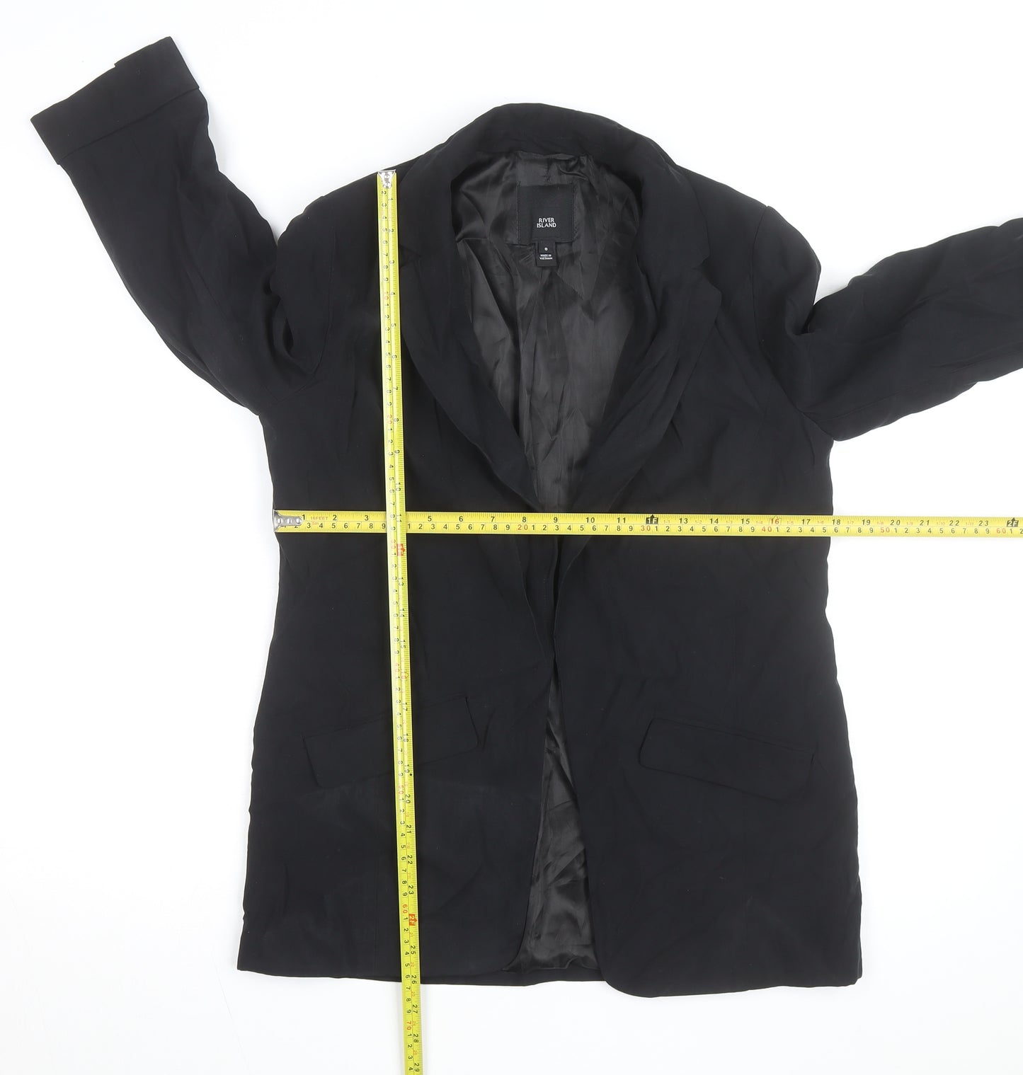 River Island Women’s Black Long Overcoat Size 8 Classic Style