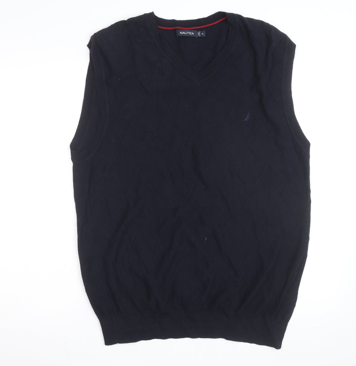 Nautica Men's Blue Cotton Argyle V-Neck Sleeveless Jumper XL
