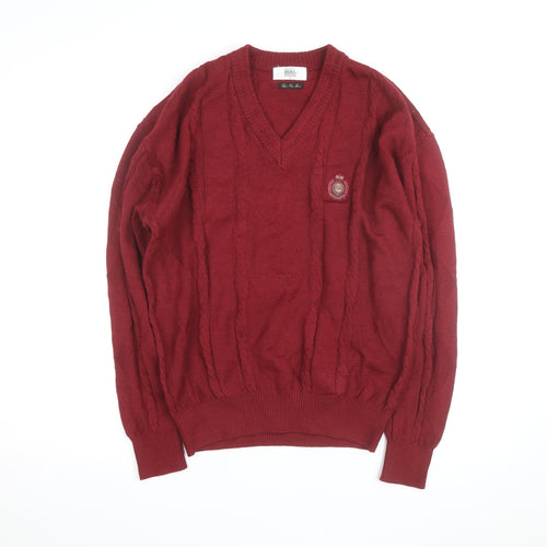 Alunsingwear Men Red Wool Cable-Knit V-Neck Jumper M