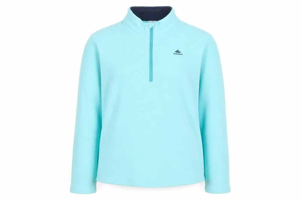Front view of Quechua girls’ blue fleece 1/4 zip pullover sweatshirt 14-15 years