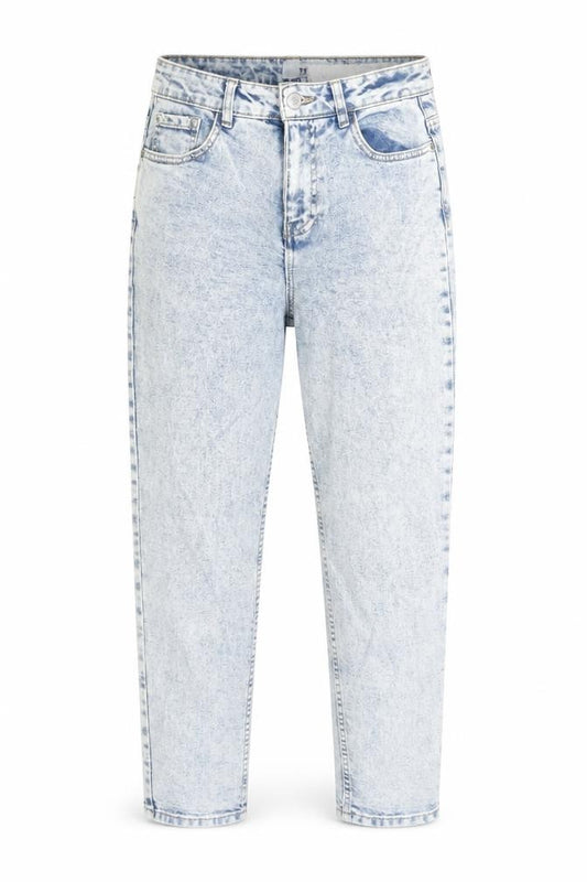 Front view of New Look Women Blue Acid Wash Mom Jeans, size 8, High Rise Denim