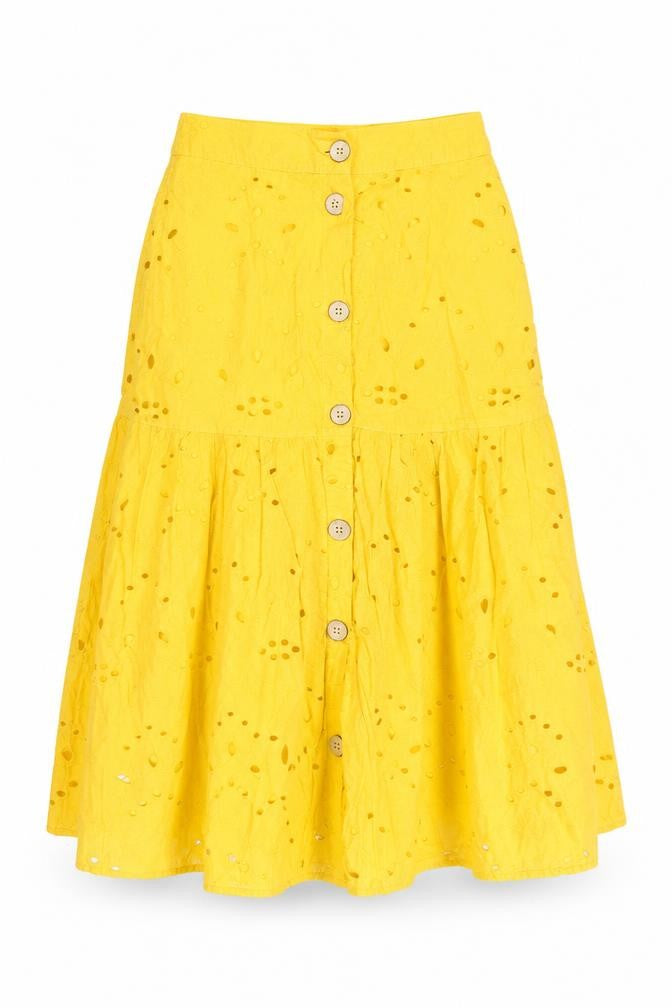 Front view of alk Casual Women's Yellow A-Line Cotton Button Skirt, size 8