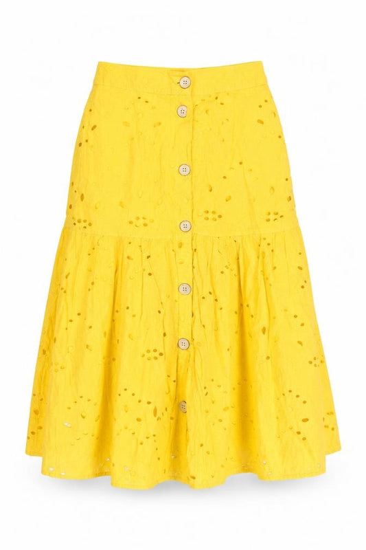 Front view of alk Casual Women's Yellow A-Line Cotton Button Skirt, size 8