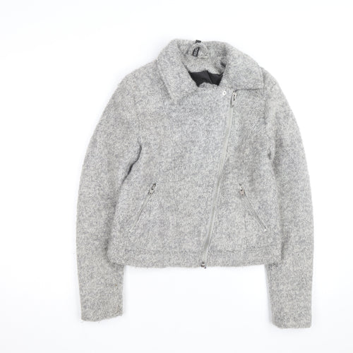 H&M Divided Women’s Grey Wool Biker Jacket Size 10 Lined Zip Style