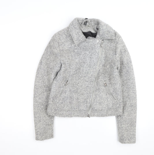 H&M Divided Women’s Grey Wool Biker Jacket Size 10 Lined Zip Style