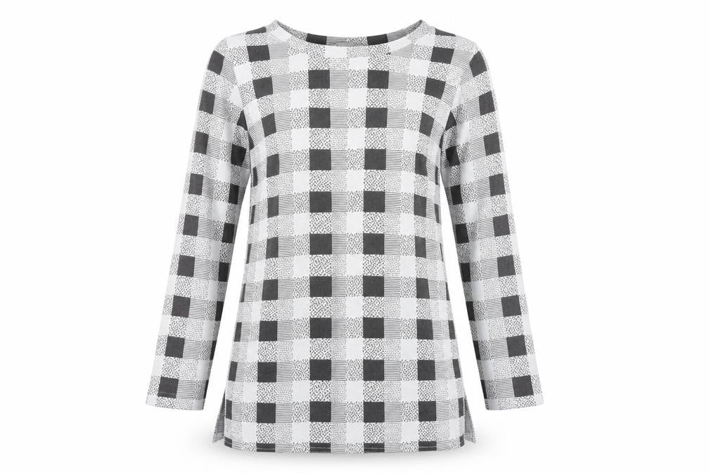 Front view of Alexara Women's Grey Check Long Sleeve Tunic Blouse, size S