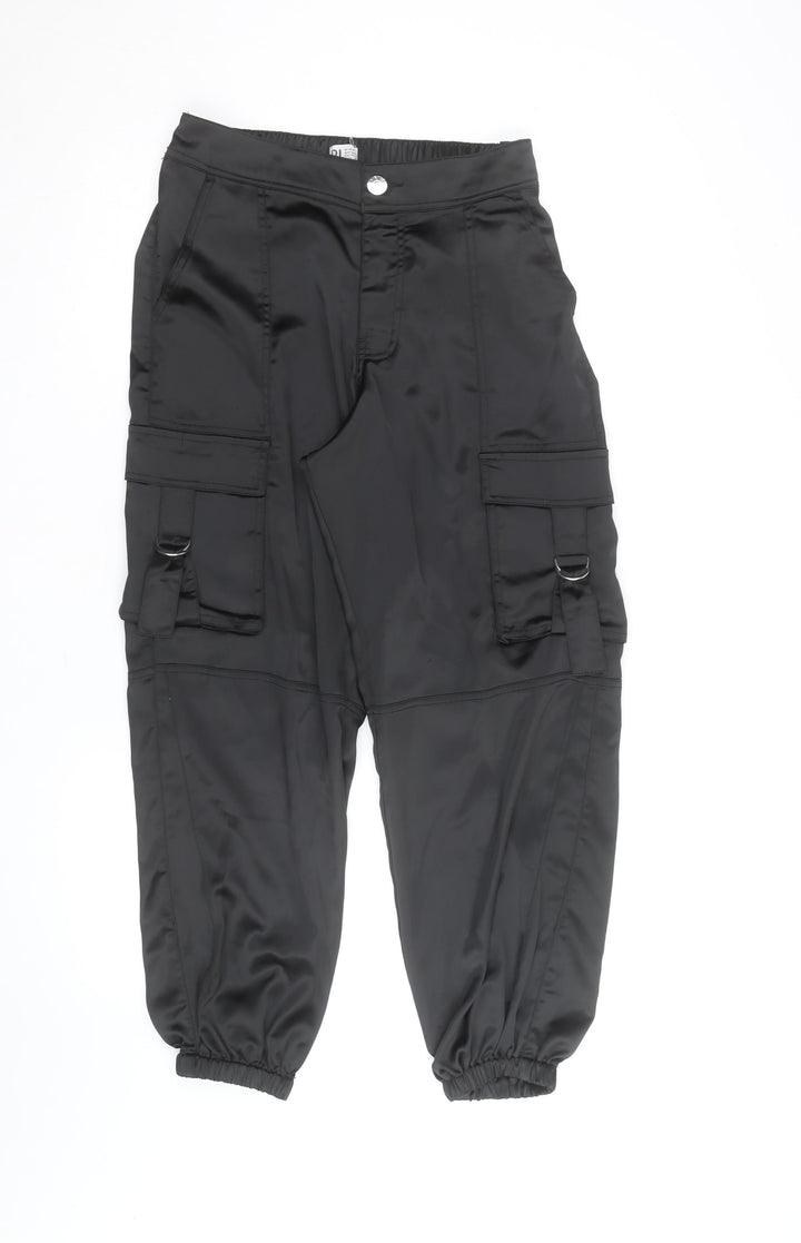 River Island Women's Black Cargo Trousers Size 10 Satin Utility Style