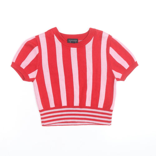 Topshop Women Red Pink Striped Cotton Short Sleeve Jumper UK 10