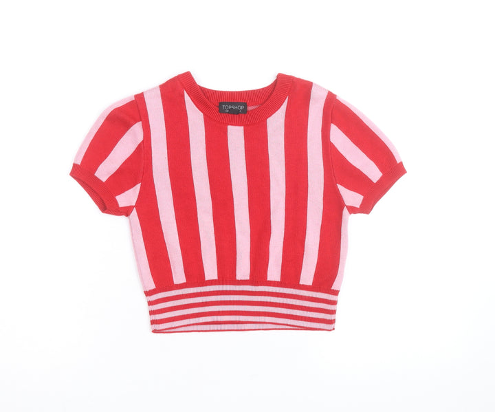Topshop Women Red Pink Striped Cotton Short Sleeve Jumper UK 10